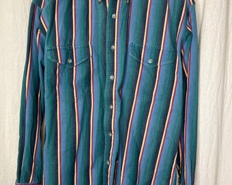 Vintage 1980s Wrangler Western Shirts Rainbow Stripe Cowboy Rodeo Oxford Shirt M