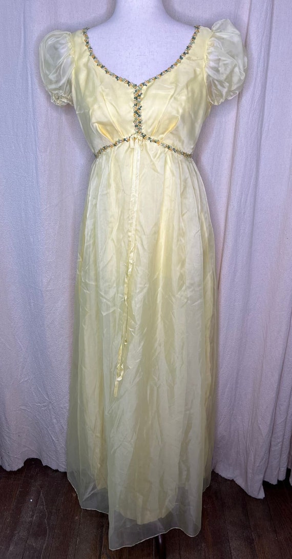 Vintage 1970s Pastel Yellow Floral Chiffon Coquet… - image 1