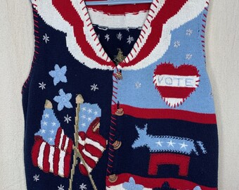 Vintage 1996 Eagles Eye Patriotic Americana Vote Donkey Teacher Sweater Vest L