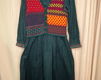 Vintage 1980s J. Christopher Corduroy Sailor Patchwork Teacher Granny Dress M