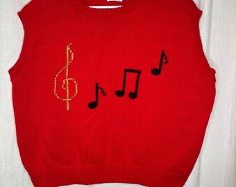 Vintage 1980s Stitch Knits Musical Note Band Teacher Boxy Granny Sweater Vest 2X