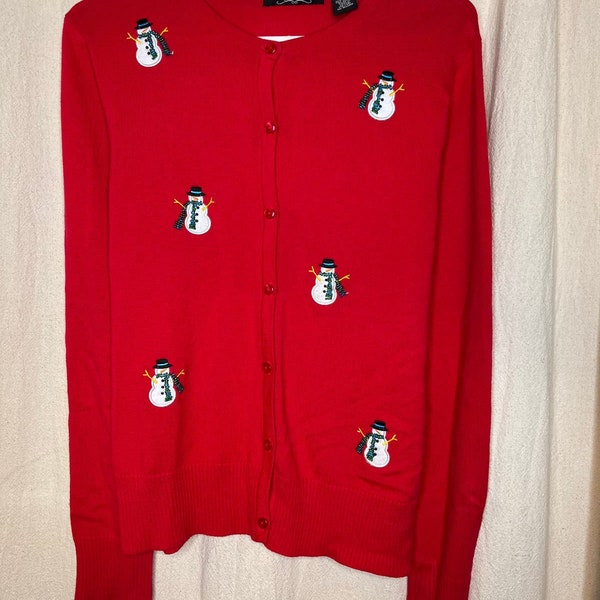 Vintage 2000s Crystal Kobe Red Snowman Beaded Christmas Teacher Cardigan M