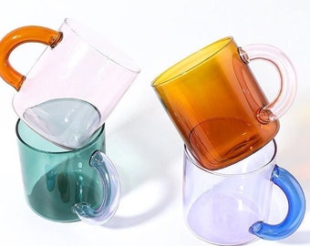 Transparent chunky handle glass mug, Modern drinkware, Colorful Tea/Coffee glass cup, Nordic fat mug,  drinking glasses, funky kitchen decor