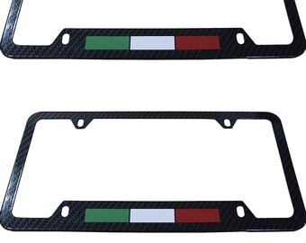 Set of 2- License Plate Frame Aluminum with Carbon Fiber Finished Screw and Caps Included Italian Flag