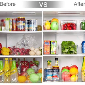 May include: Before and after photos of a refrigerator. The top shelf of the refrigerator is organized with clear plastic containers filled with fruit, vegetables, and other food items. The middle shelf is organized with clear plastic containers filled with produce, eggs, and other food items. The bottom shelf is organized with clear plastic containers filled with produce, sauces, and other food items.