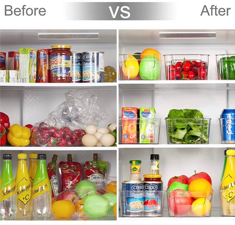 May include: Before and after photos of a refrigerator. The top shelf of the refrigerator is organized with clear plastic containers filled with fruit, vegetables, and other food items. The middle shelf is organized with clear plastic containers filled with produce, eggs, and other food items. The bottom shelf is organized with clear plastic containers filled with produce, sauces, and other food items.