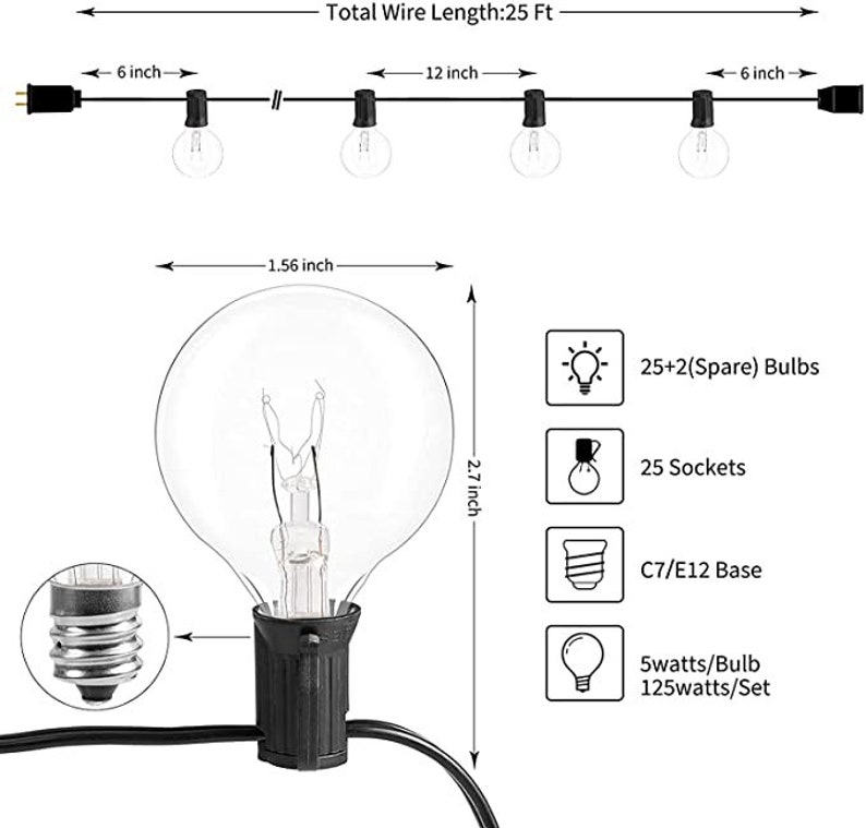 25ft Outdoor String Lights, Patio Hanging Lights with 25 Edison Glass Bulbs, Waterproof Connectable Bistro Lights Backyard Garden Cafe image 9