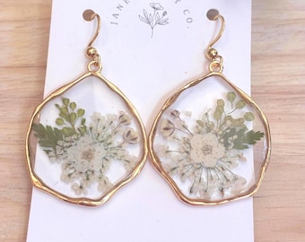 Neutral Bouquet (real pressed flower jewelry. Available in two shapes!
