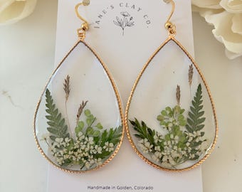 Beautiful Real Fern and Shades of Green Teardrops Earrings