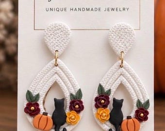 Fall Teardrop Clay hoops with Black Cat and Pumpkin