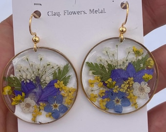 Blue, Purple and Yellow  Wildflower Earrings/Handmade Real Pressed Flower earrings