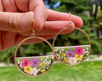 Pressed Flower Hoop Earrings: Real Resin Flowers, Gold Plated Brass