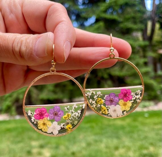Half Circle Hoops With With Real Pressed Flowers in Resin