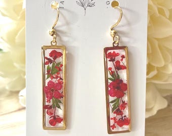 Vibrant shades of red flowers in gold rectangular-pressed Flower Earrings