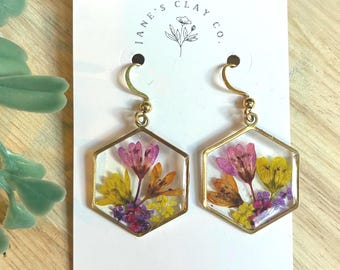 Spring Shades hexagon pressed  flower Earrings (with real pressed flowers in resin)