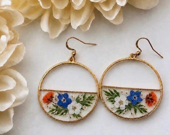 Forget-Me-Not Earrings, Real Pressed Flower 1/2 circle hoop Earrings