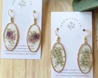 Purple Pressed flower In Oval Earrings