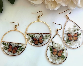 Monarch Butterfly Earrings with Real Pressed Flowers