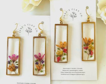 Elegant Rectangular Real Pressed Flower Dangle Earrings