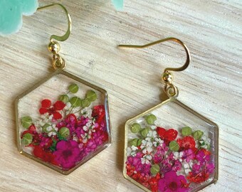 Vibrant Hexagon Pressed Flower Earrings (with real pressed flowers in resin)