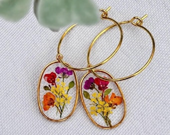 Tiny vibrant oval bouquet earrings made with real flowers
