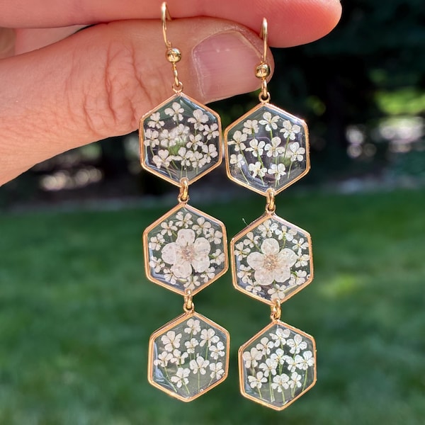 Pendientes hexagonales de flores prensadas de 3 niveles - 2 estilos