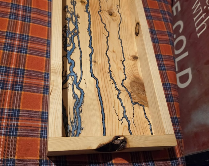 Custom pine valet tray shocked & filled with blue epoxy