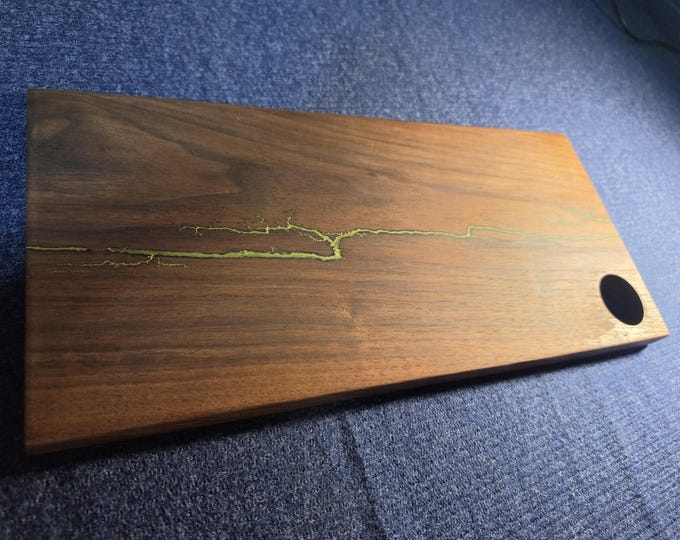Custom Black walnut cutting/cheese board shocked & filled with gold epoxy