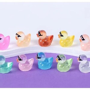 May include: A set of ten colorful rubber duck toys with sunglasses. The ducks are in various colors, including pink, yellow, blue, green, and clear. Each duck has a black pair of sunglasses.