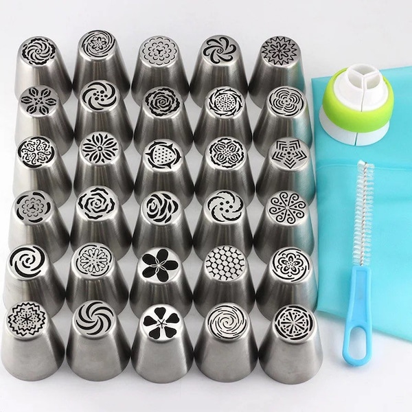 30Pcs Stainless Steel Russian Tulip Cream Icing Piping Nozzles Rose Pastry Tips Fondant Cake Decorating Baking Tools