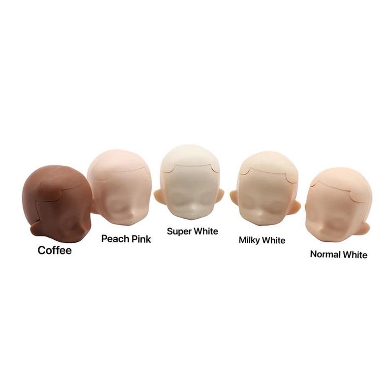 May include: Five doll heads in different skin tones: coffee, peach pink, super white, milky white, and normal white.