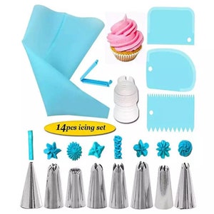 May include: A 14 piece cake decorating set with a blue silicone piping bag, a clear plastic coupler, three blue plastic cake decorating spatulas, and 10 stainless steel piping tips. The set also includes a blue plastic piping tip with a star-shaped opening and a blue plastic piping tip with a round opening.