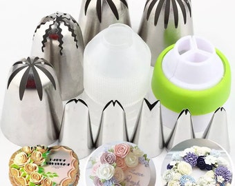 11Stk Große Rose Sahne Kuchen Russische Düsen Blätter Edelstahl Vereisung PaspelSpitzen Set Coupler Cupcake Dekoration Backen Werkzeuge