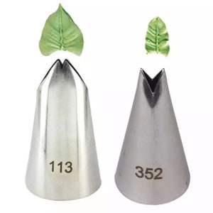 May include: Two silver metal piping tips with numbers 113 and 352 printed on them. The tips are used for decorating cakes and pastries.