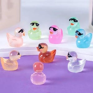 May include: A set of nine colorful rubber duck figurines with sunglasses. The ducks are made of clear plastic and have different colors, including pink, blue, green, and yellow. Each duck has a pair of black sunglasses.