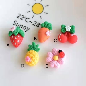 May include: Five colorful clay charms in the shape of a strawberry, carrot, cherry, pineapple, and flower. The charms are on a white surface with the letters A, B, C, D, and E next to them.