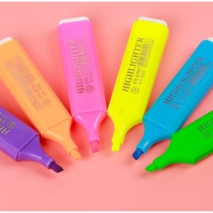 Sets of 6 Highlighter Pen, Pastel or Neon Colours, Revision Color Pen, Fluorescent Colors Markers Mini Cute Kawaii Design for Writing