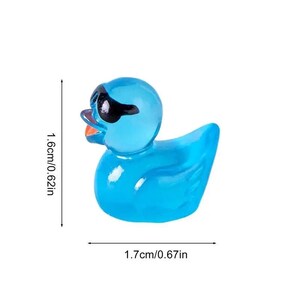 May include: A small blue rubber duck with black sunglasses. The duck is 1.7 inches wide and 1.6 inches tall.