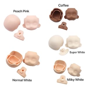 May include: Assortment of doll head sculpts in various colors, including peach pink, coffee, super white, normal white, and milky white. Each sculpt is shown in two parts, the head and the neck joint.