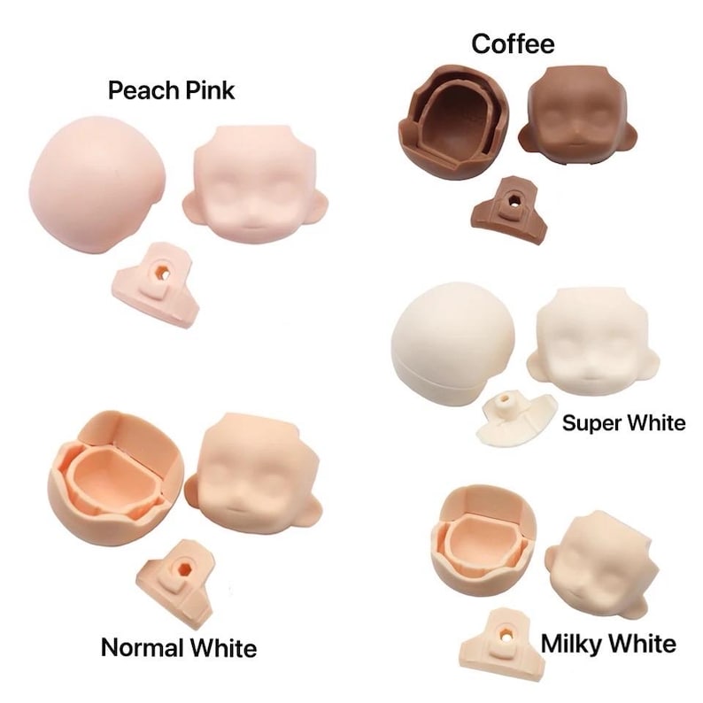 May include: Assortment of doll head sculpts in various colors, including peach pink, coffee, super white, normal white, and milky white. Each sculpt is shown in two parts, the head and the neck joint.