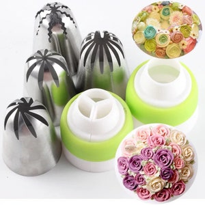 May include: A collection of stainless steel piping tips with various star and petal designs, alongside two frosting tools and two examples of floral frosting arrangements. The frosting tools have white and green accents. The floral arrangements feature pastel colors.