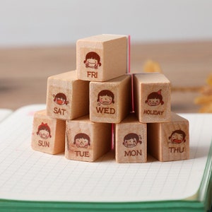 Vintage Week Cute Gilel Cartoon Planner Stamp Basic Function Series Digital Symbol Stamp Wooden DIY Seal Stationery Office Supplies
