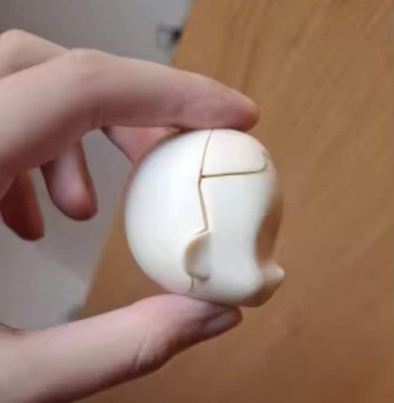 May include: A white ceramic doll head with a crack down the side. The head is partially separated, revealing the inside of the doll.