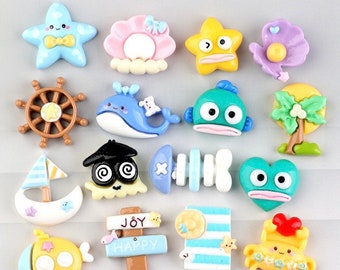 Cartoon Kawaii Ocean Theme Crab Whale Beach Flat back Resin Cabochon Simulation Fake Food Phone Deco Parts DIY Hair Bows Acces