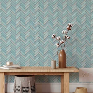 Brushed Watercolor Herringbone Tile in Aquamarine Sea Blue_ Removable Smooth Pre-Pasted or Peel and Stick Faux Woven Wallpaper. Test Swatch