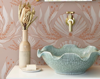 Seashells Peel and Stick Wallpaper, Blush Coastal Home Decor
