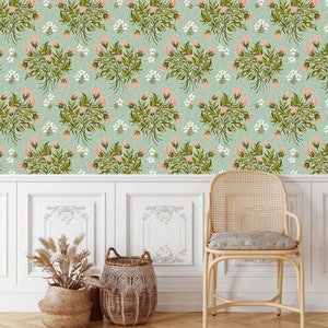 Venus Bouquet_Vintage Floral wallpaper_sage. Removable Smooth Pre-Pasted or Peel and Stick Faux Woven Wallpaper