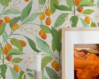 Little Orange Citrus fruit_kumquats. Removable Smooth Pre-Pasted or Peel and Stick Faux Woven Wallpaper Test Swatch.
