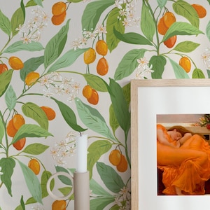 Little Orange Citrus fruit_kumquats. Removable Smooth Pre-Pasted or Peel and Stick Faux Woven Wallpaper Test Swatch.