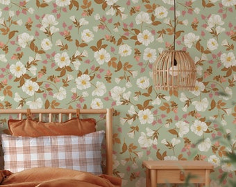 Vintage Cottage Floral Blossoms Wallpaper. Removable Smooth Pre-Pasted Wallpaper or Peel and Stick Faux Woven Wallpaper
